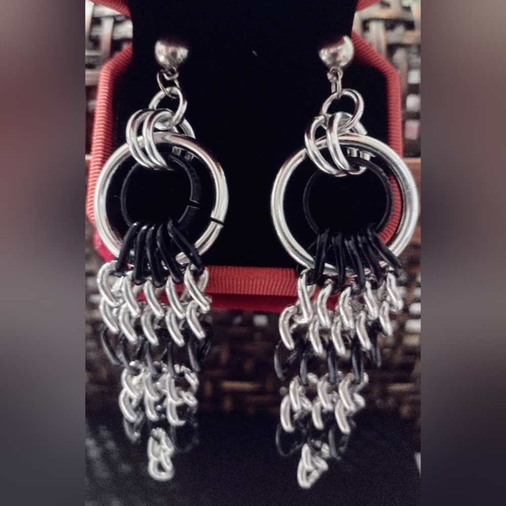 Black and silver, chain mail, dangel earrings